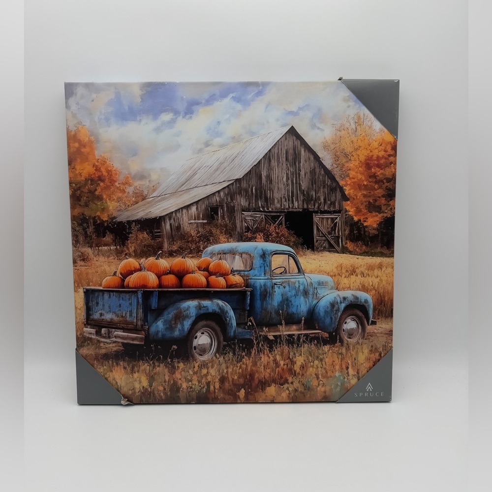 Farm‎ House Rustic Blue Truck Wall Art with Pumpkins Canvas 18x18